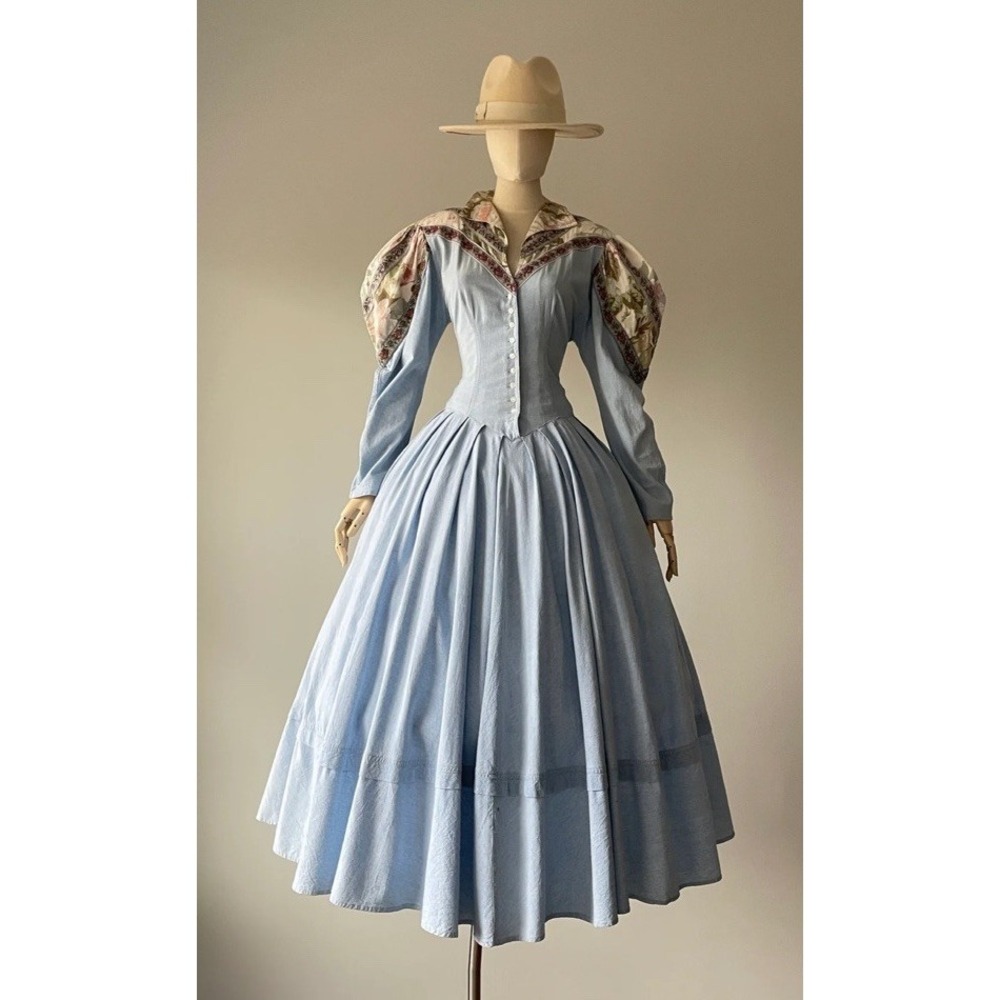 VTG Karen Alexander 80s Denim Puff Sleeve Dress Size 4 USA Made Festival Western